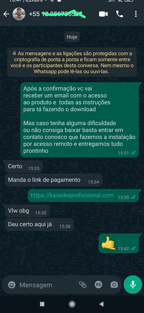 Depoimento de cliente via WhatsApp